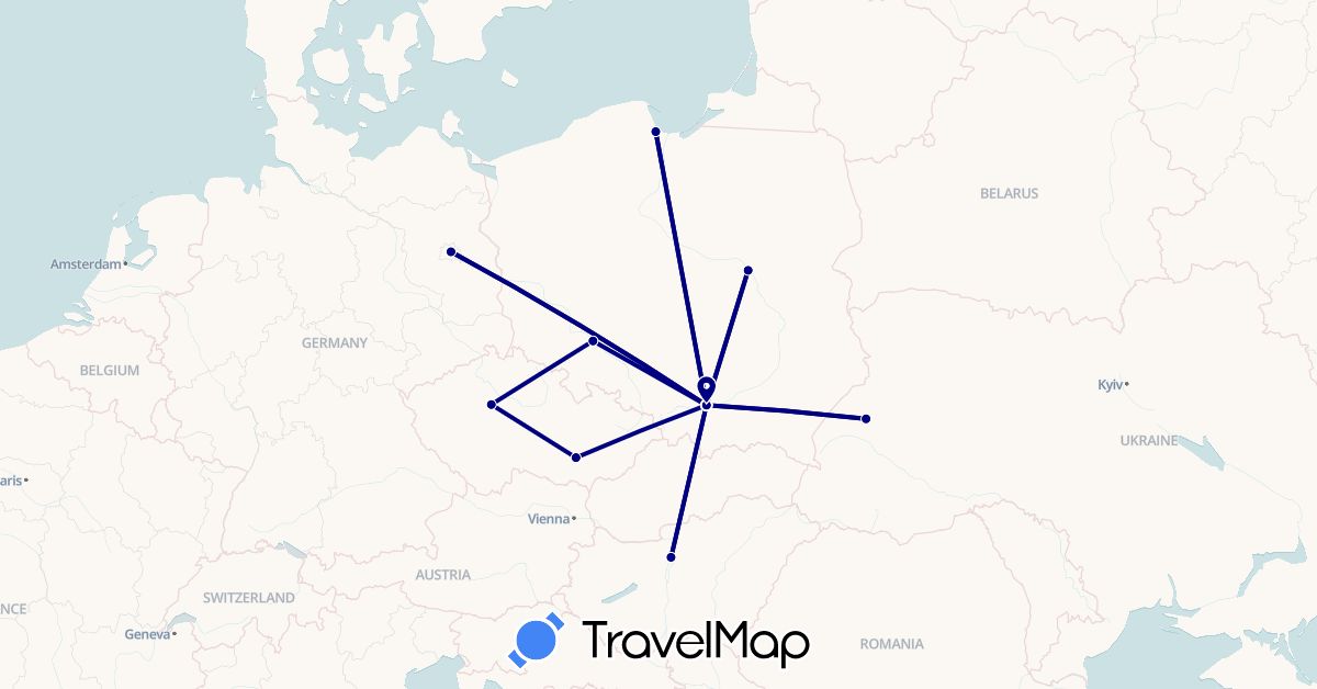 TravelMap itinerary: driving in Czech Republic, Germany, Hungary, Poland, Ukraine (Europe)